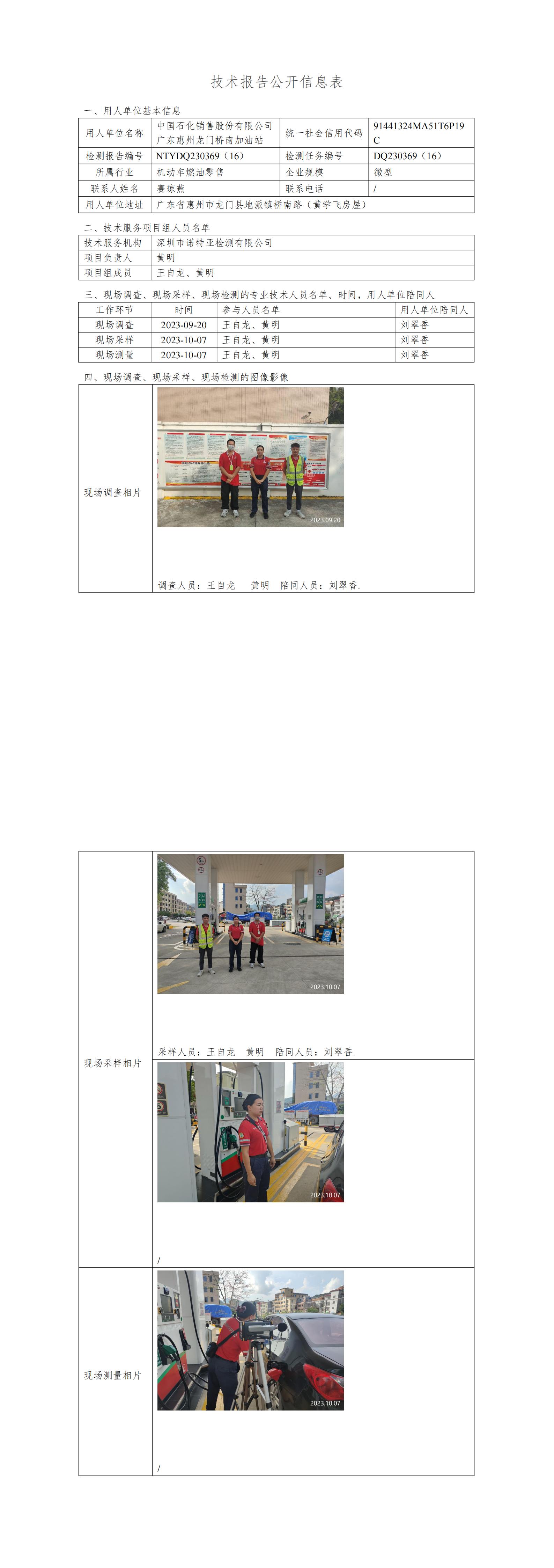 NTYDQ230369（16）中国石化销售股份有限公司广东惠州龙门桥南加油站